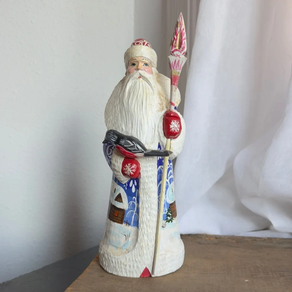 Vintage winter scene Ded Moroz w bird, Signed 10”